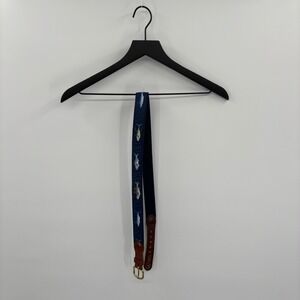 Leather Man Ltd Mens Navy Blue Fish Embroidered Leather Surcingle Belt Made USA